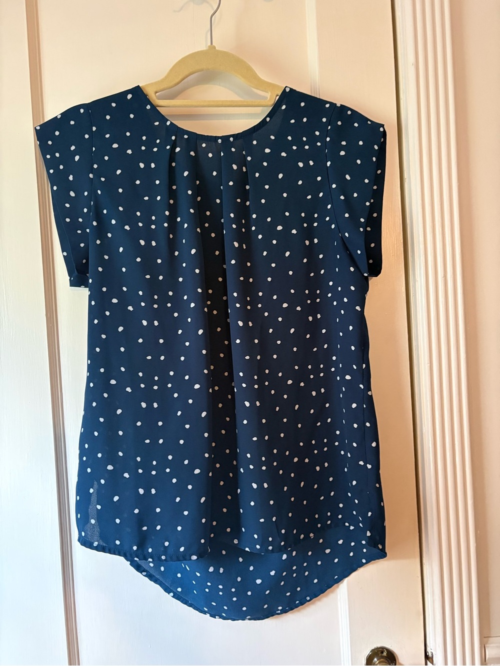 Teal Blue Polka Dot Cap-Sleeve Blouse with Keyhole Button Back, women's mediun